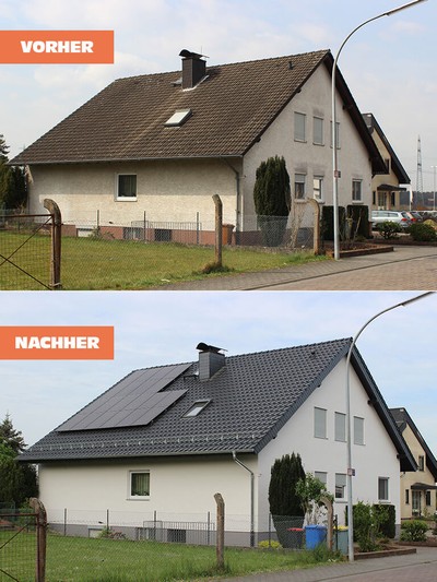 Neue Dacheindeckung mit schwarzen Ziegeln und Photovoltaik Anlage